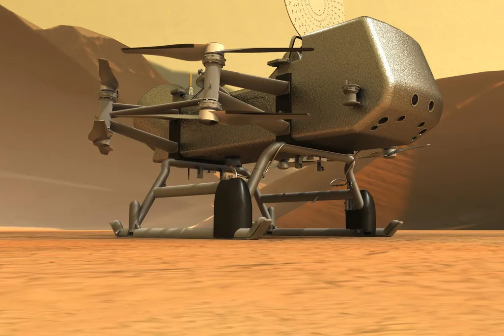 artist's conception of Dragonfly on the surface of Titan