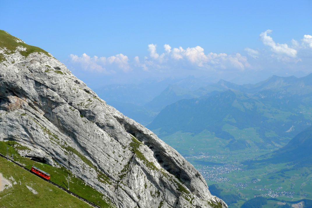 View of Mt. Pilatus and the <i>Pilatus Railway</i>, the world's steepest cogwheel railway