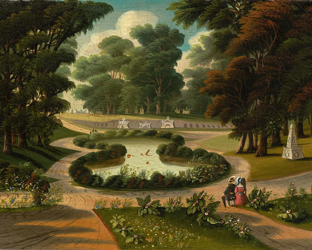 A brightly colored painting of a figure eight shaped pond with a path surrounding it. Around it are beautiful, willowy trees.