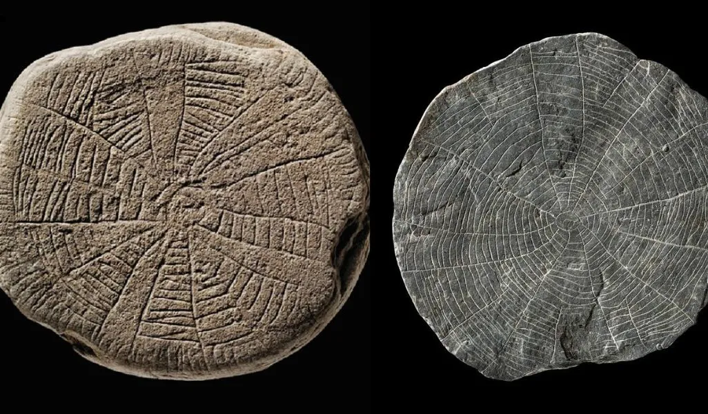 Side-by-side look at two engraved circular stones