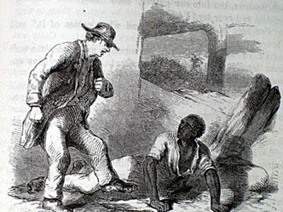 This illustration, depicting Uncle Tom's Cabin antagonist Simon Legree looming over, and perhaps preparing to beat, Tom, appeared in the 1853 edition of the book. Pro-slavery Southerners argued that the book misrepresented slavery by cherry-picking the worst examples.
