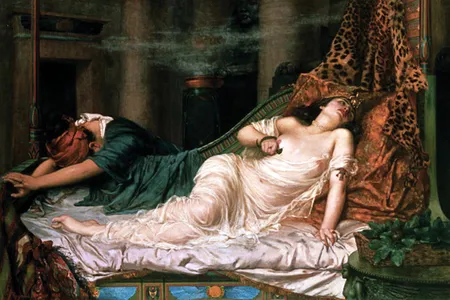 After the defeat of Cleopatra's forces by Octavian (later Augustus, emperor of Rome), the Egyptian queen and her lover Marc Antony fled to Egypt. In Shakespeare's imagining, one of Cleopatra's greatest fears was the the horrid breath of the Romans. Shown here: "The Death of Cleopatra" by Reginald Arthur, 1892.