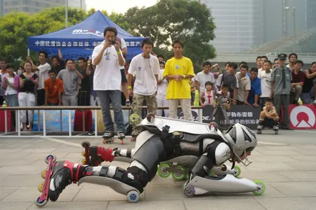 Inventor Jean-Yves Blondeau demonstrates his roller suit in 2007 in Beijing.