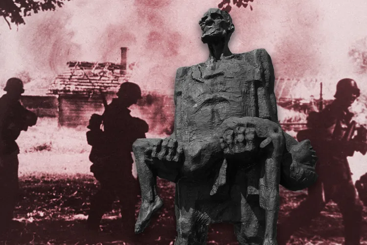 Statue of Khatyn massacre survivor in front of burned village (longform main)