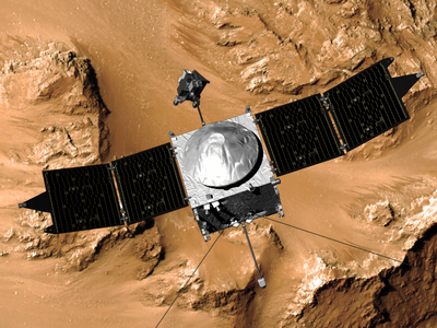 An artist's conception of MAVEN in orbit around Mars