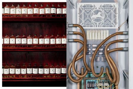Left: Bottles of international rums from E&A Scheer line a wall. The rums are used for research and comparison. Right: The distillery’s patented reactor, or “time machine for booze.”