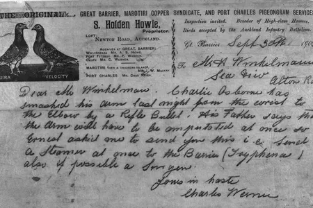 A hasty 1900 pigeongram sent to H. Winkelmann by Charles Werner, a great Barrier Island resident. "Dear Mr Winkelmann," it reads, "Charlie Soborne has smashed his arm last night from the wrist to the elbow by a rifle bullet. His father says that the arm will have to be amputated at once so Ernest asked me to send you this... send a steamer at once to the Barrier... also if possible a lawyer."  