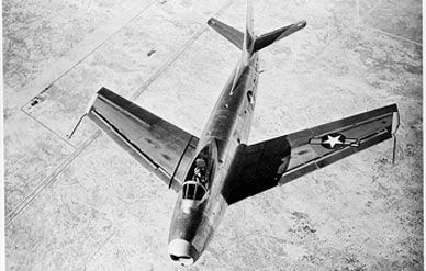 The North American XP-86 Sabre, in flight over the Mojave Desert. Was it the first to break the so-called sound barrier?