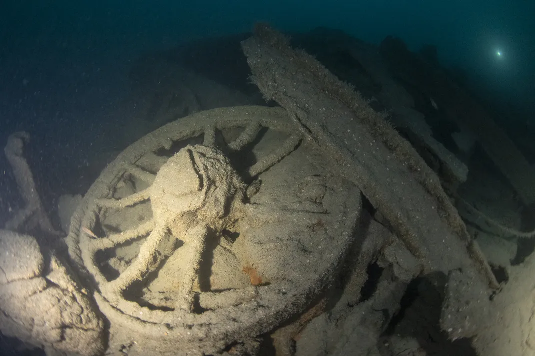 Ship's steering wheel under water