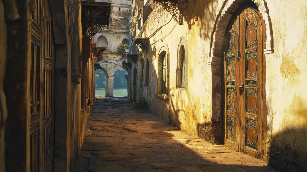 Alley with decorative doorway in Stone Town, Zanzibar