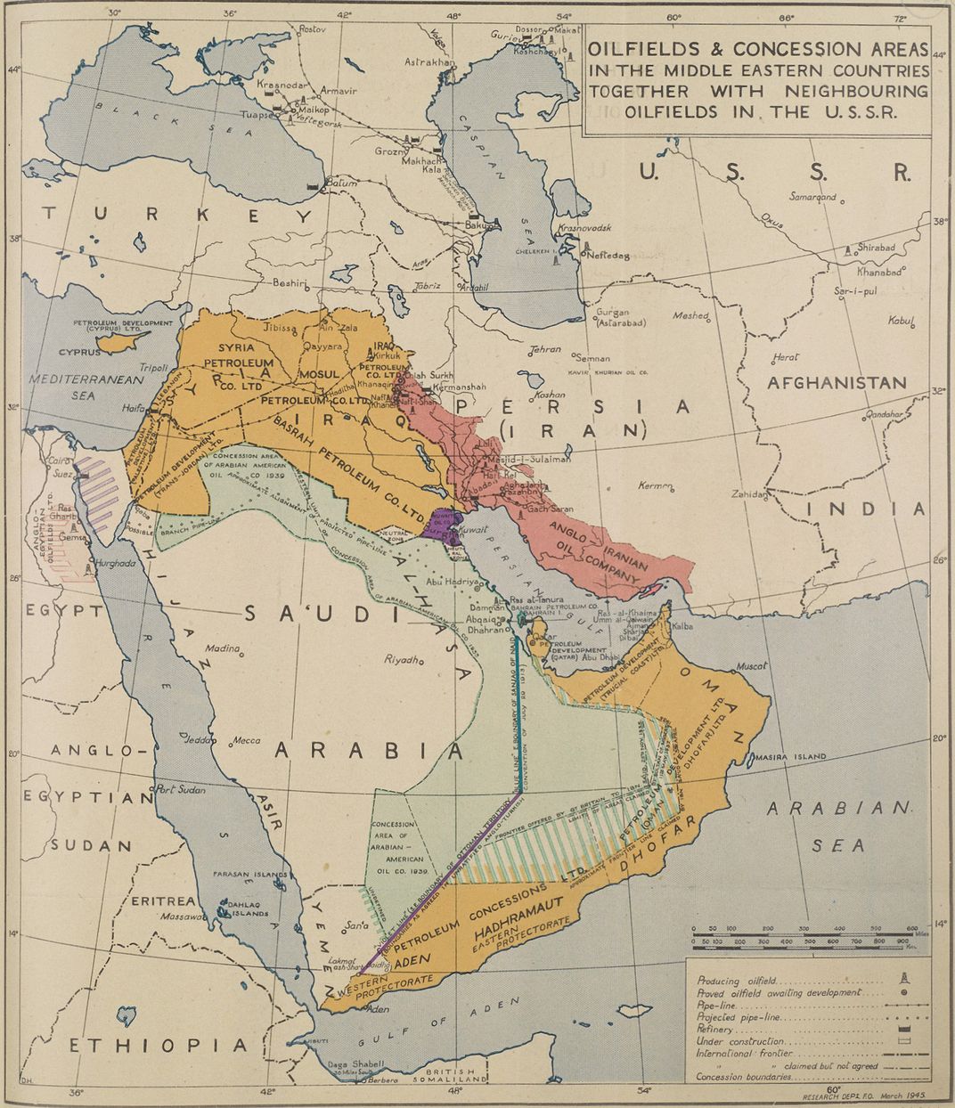 1945 map of Middle East oil