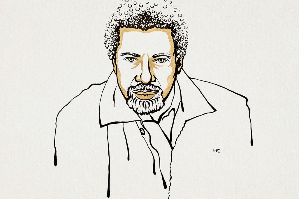 A black and gold line drawing of Gurnah, an elderly Black man in a suit jacket and buttoned shirt