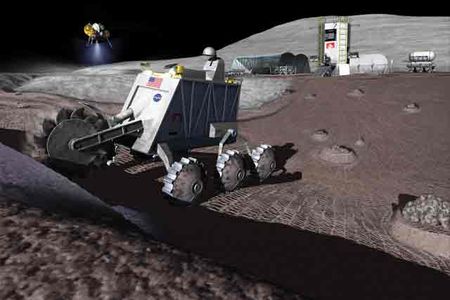 An excavating robot mines the Moon. Perhaps the writing should be in Chinese.