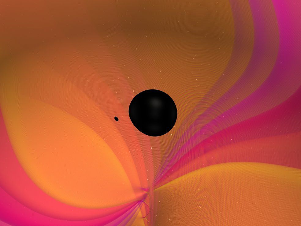 Black holes merge on an orange and pink background
