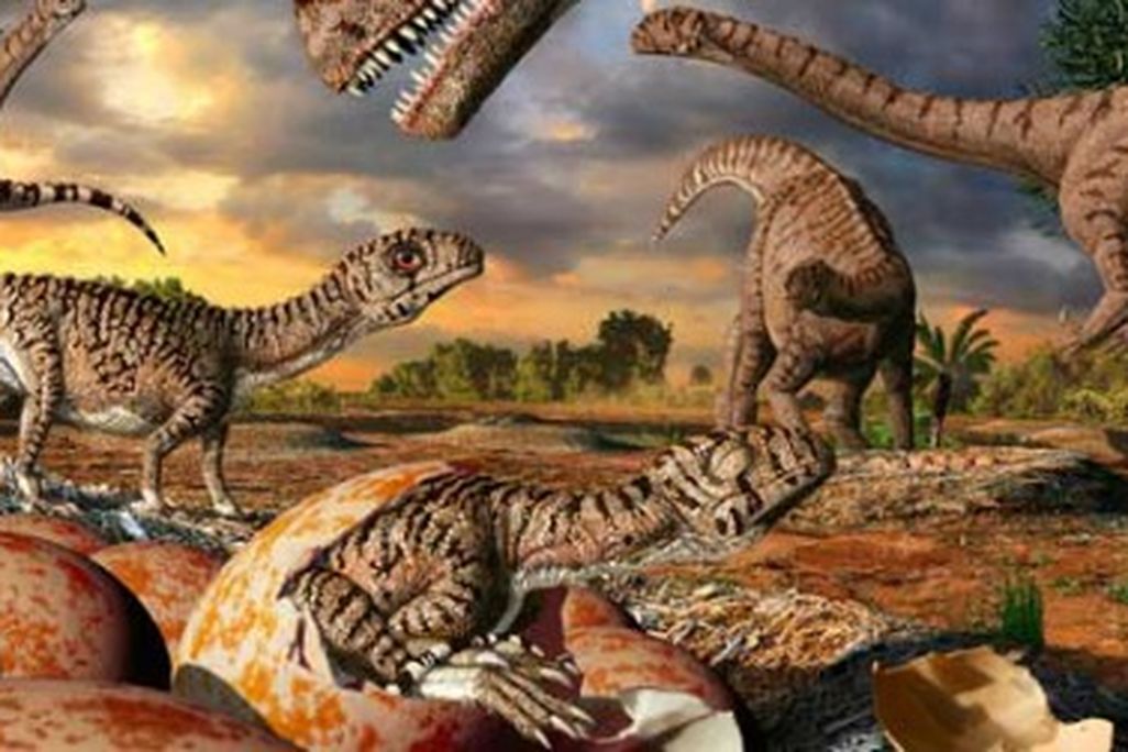 A parent Massospondylus attends to its hatchlings