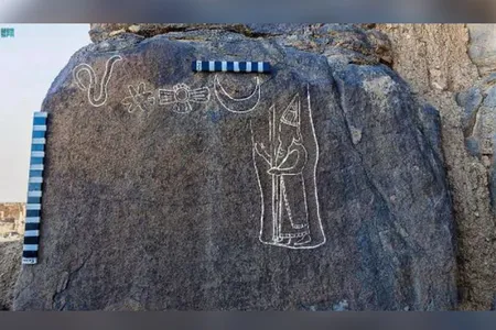 The four symbols seen in front of the king—a crescent moon, the sun, a snake and a flower—may hold religious significance.