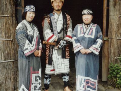 Ainu people wearing traditional clothes at the Ainu Museum, City of Shiraoi, Hokkaido, Japan.