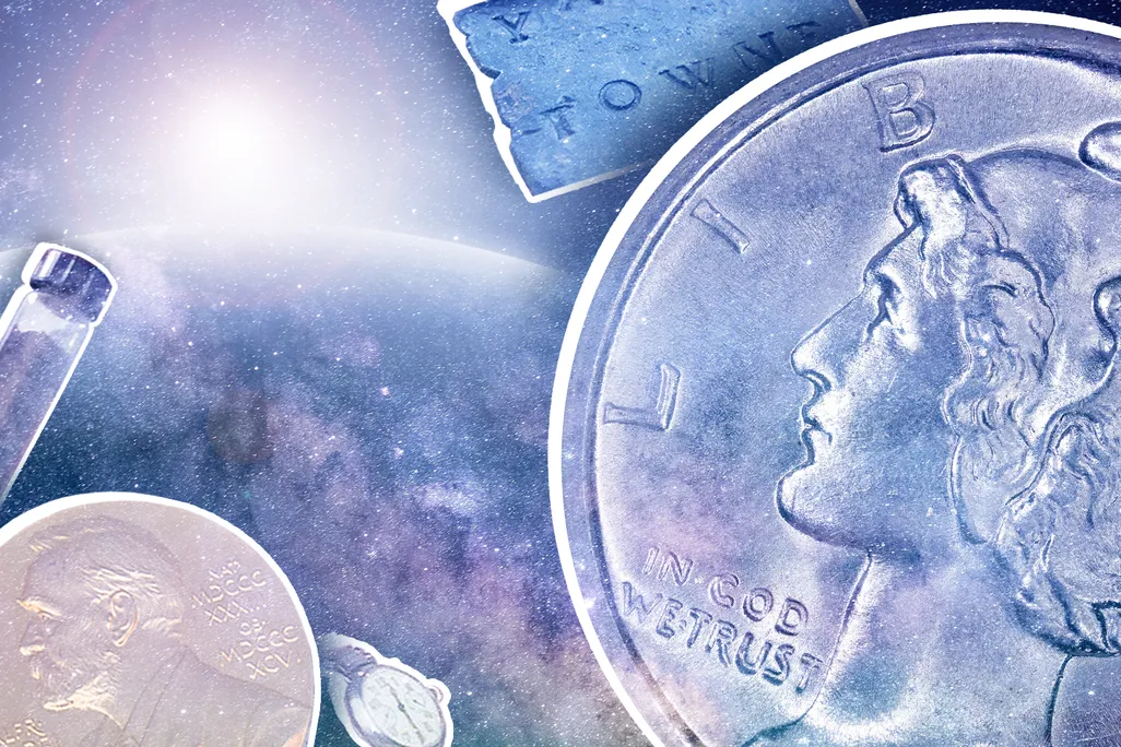 Illustration of mercury dime, Nobel Prize, shipping tag, dinosaur bones, and wristwatch in space