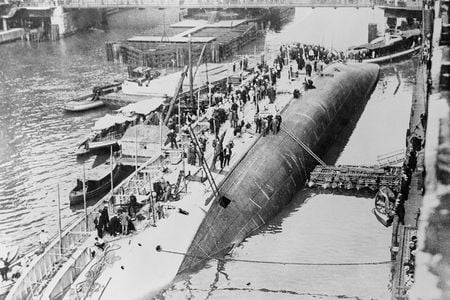 One of the greatest inland waterways disasters in the history of the United States took place in the Chicago River, Chicago, Ill., July 24, 1915, when the steamship Eastland capsized with a loss of near 850 lives. The photo shows the ill-fated ship after it had turned "turtle."