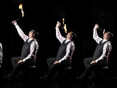 Penn Jillette demonstrates the art of fire breathing.