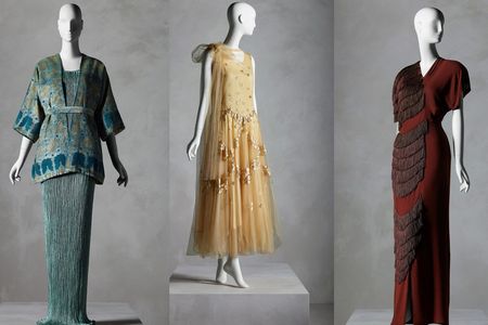L to R: Jacket, Mariano Fortuny y Madrazo (Spanish, 1871–1949), 1920s–30s; Evening Dress, Madeleine Vionnet (French, 1876–1975), spring 1931; Evening Dress, Gilbert Adrian (American, 1903–1959), fall 1945