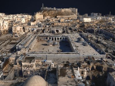 The exhibition presents the possibility that 3-D models (above: a digital rendering of Aleppo following the 2012 civil war in Syria), and the information extracted from them can be used for future restoration projects.