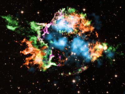 Remnants of a supernova called Cassiopeia A, located in our galaxy about 11,000 light-years from Earth. Scientists have long thought that supernovae were responsible for the creation of the heaviest elements, but new research suggests other types of stellar events may also be in play.