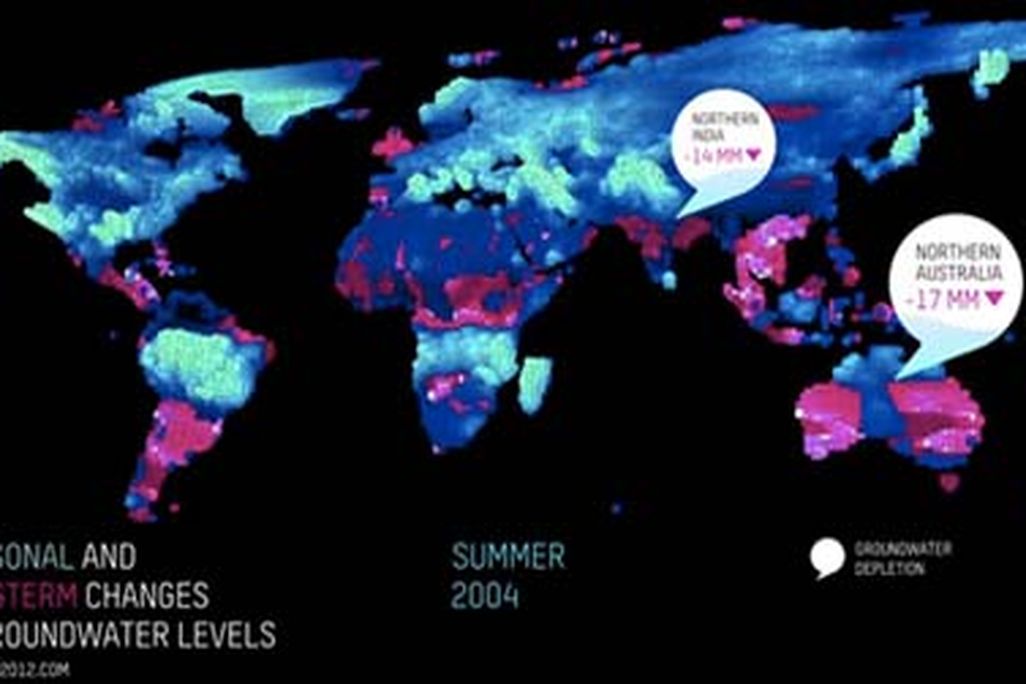 Image from an animated graphic showing satellite readings of groundwater fluctuations around the world.