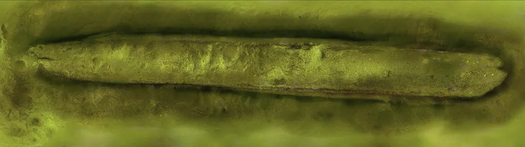 An overhead view of a dugout canoe