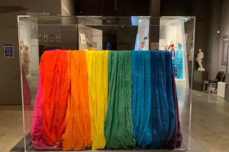 Queer artist Gilbert Baker preserved this 10- by 28-foot section of an original 1978 pride flag.