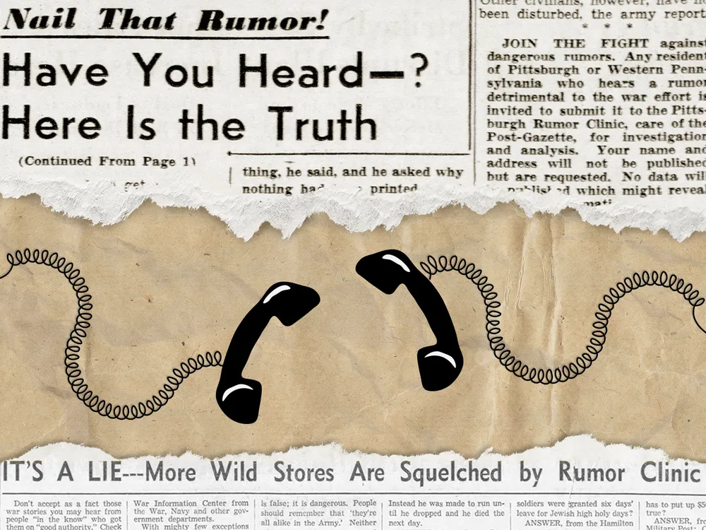 An illustration of two corded telephones, surrounded by rumor clinic articles