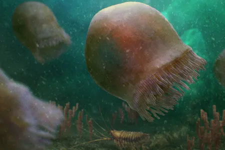 An artistic reconstruction shows a group of Burgessomedusa phasmiformis swimming in the Cambrian sea.