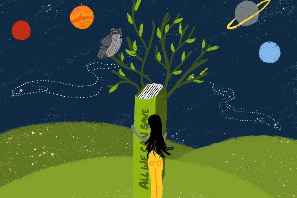 An illustration of hillside with a tree in the middle against the backdrop of the night sky. The tree's trunk is the spine of a book titles "All We Can Save." An owl sits in the tree's branches. Planets dot the night sky with two eel-shaped constellations
