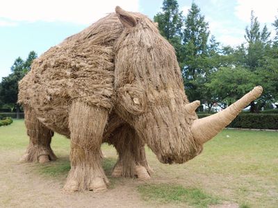 A rhino sculpture made from wara (rice straw) from the 2017 Wara Art Festival.