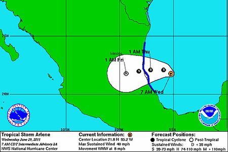 Tropical Storm Arlene is predicted to make landfall in Mexico early Thursday morning