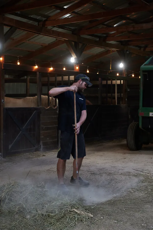 Joe Carr, 32, sweeps the dried hay for feeding his four rescue horses. thumbnail