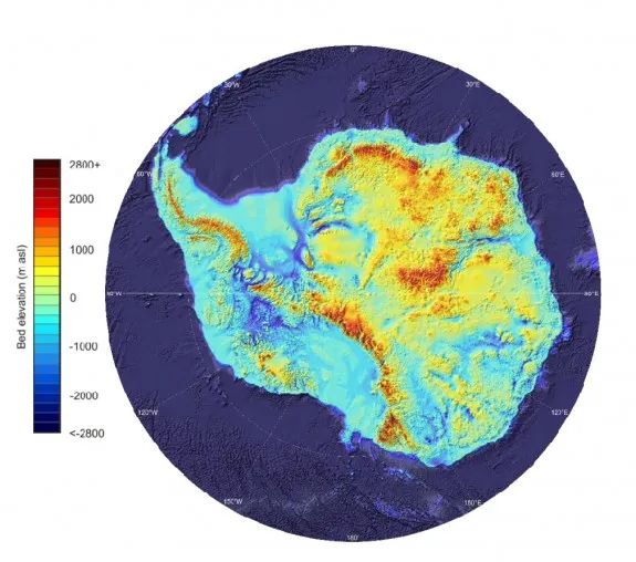 An elevation map of Antarctica.
