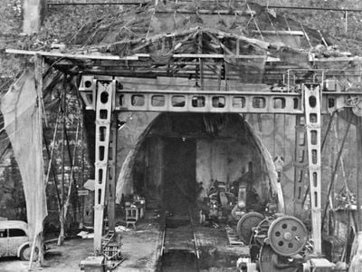 One of the entrances to the underground tunnels of the Mittelwerk, as photographed by the U.S. Army after the liberation in April 1945.