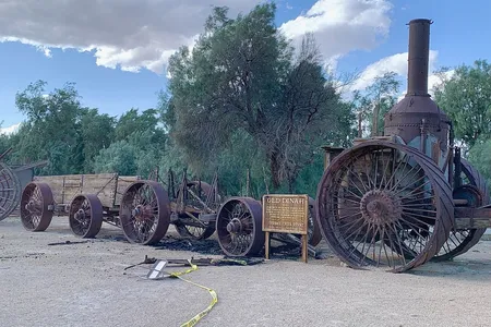 The fire destroyed one of the historic "20-mule team" wagons from the late 19th century. A steam tractor named "Old Dinah" survived.

