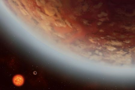 An artist's illustration of the planet K2-18b and another planet, K2-18c, that orbits closer to the parent star. Both planets orbit a red dwarf about 110 light-years from Earth in the constellation Leo.