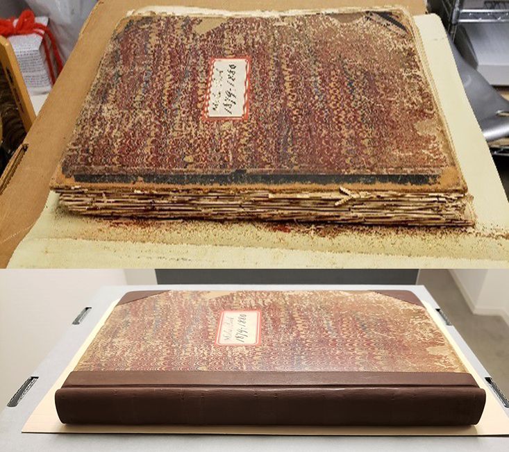 Top image is of a brown stock book with marbled boards and deteriorated binding. The bottom imager shows the same book restored with a new tan leather binding.