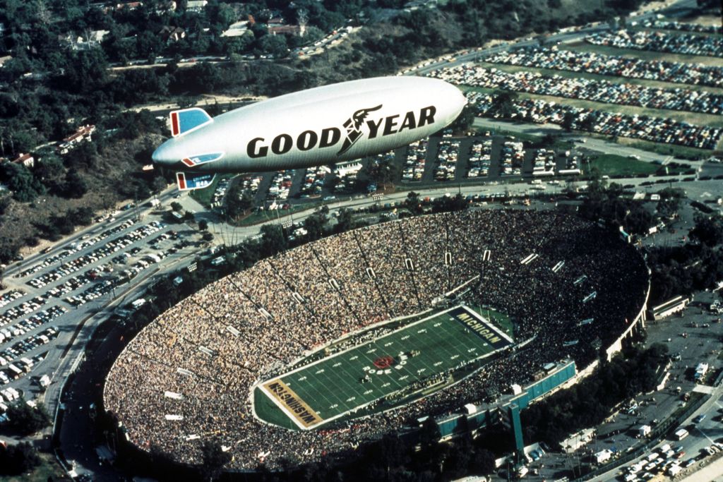 Goodyear blimp flying over the Rose Bowl