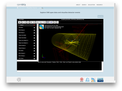 A CMS collision event as seen in the built-in event display on the CERN Open Data Portal.