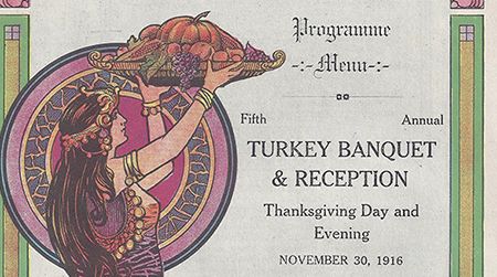 Beautiful art on the menu for Thanksgiving Day, 1916, at the Greyhound Inn.