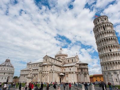 A panoramic view of the "Square of Miracles," including the famed tower of Pisa.