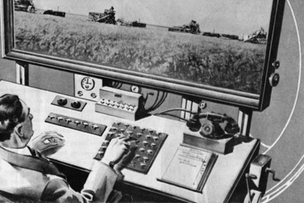 The farmer of the year 2031 works at his large flat-panel television (1931)