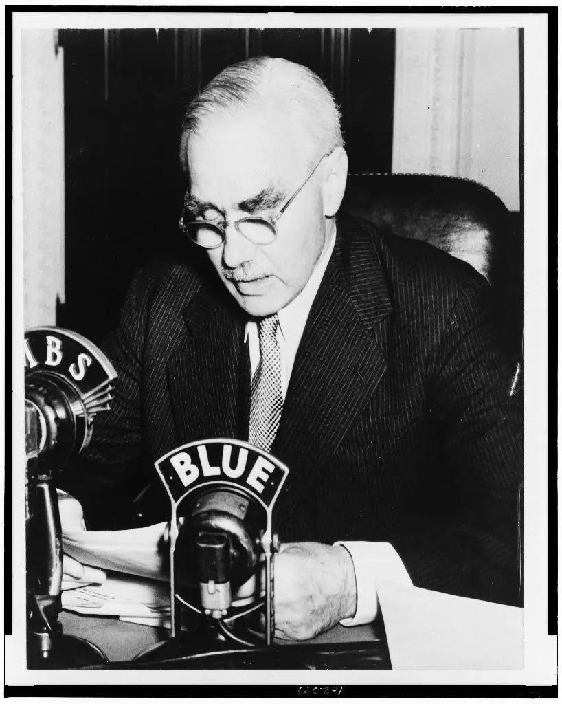Joseph C. Grew stresses "unfinished business" in the Pacific in a V-E Day radio broadcast