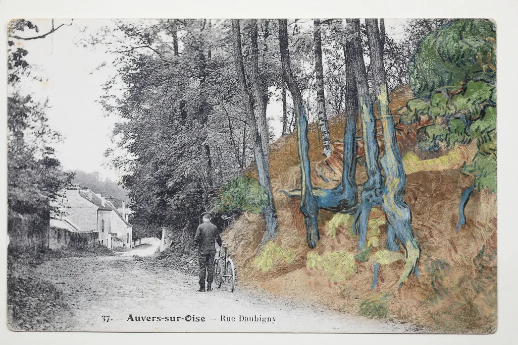 The black and white postcard, on the left, shows a cyclist next to a steep hill with knotted roots; on the right, the image shows Van Gogh's painted rendition of the same hillside in color