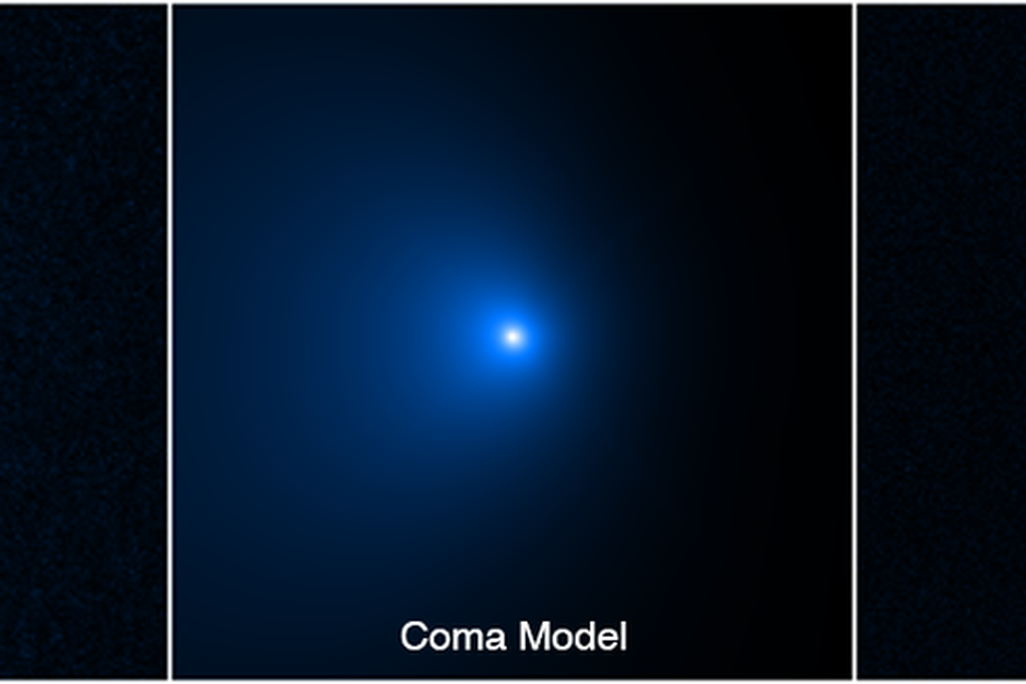 An image of blue points of light taken by the Hubble Space Telescope.  The star-like lights represent a comet.