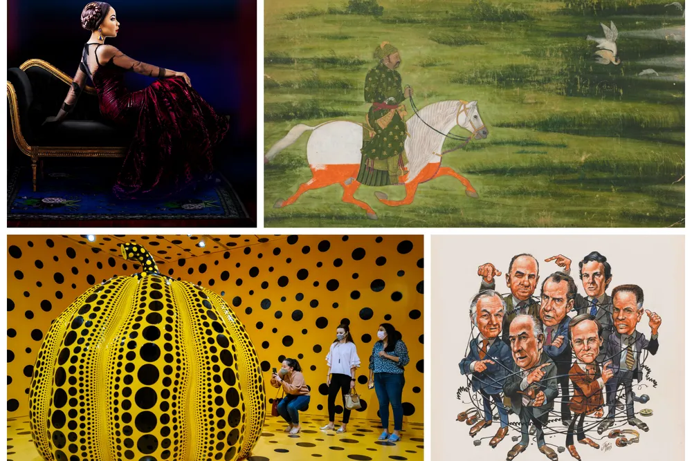 Iké Udé, Falcon Hunting, Kusama, Watergate collage